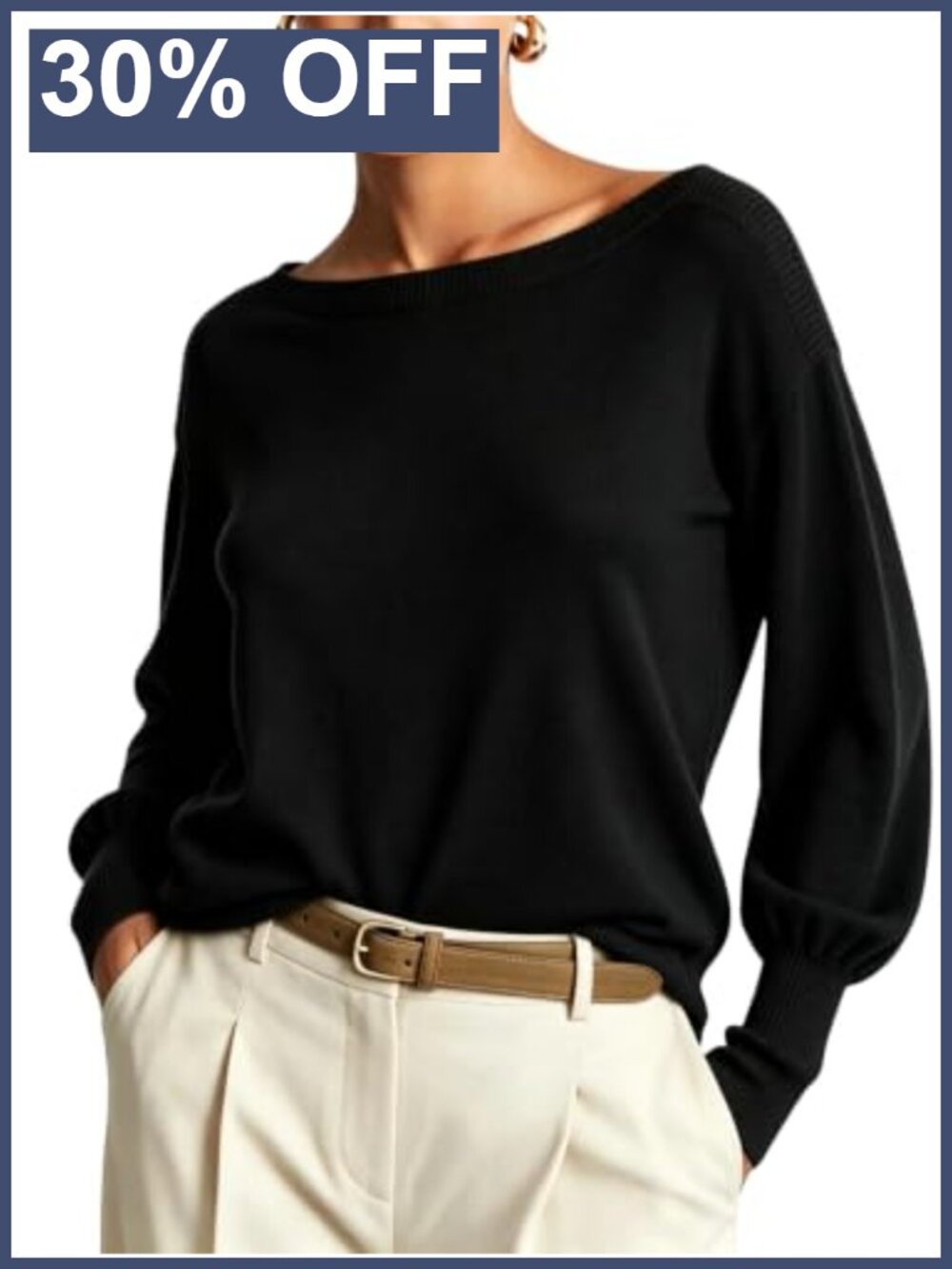 Boat Neck Lantern Sleeve Knit Pullover Sweater Loose Fit